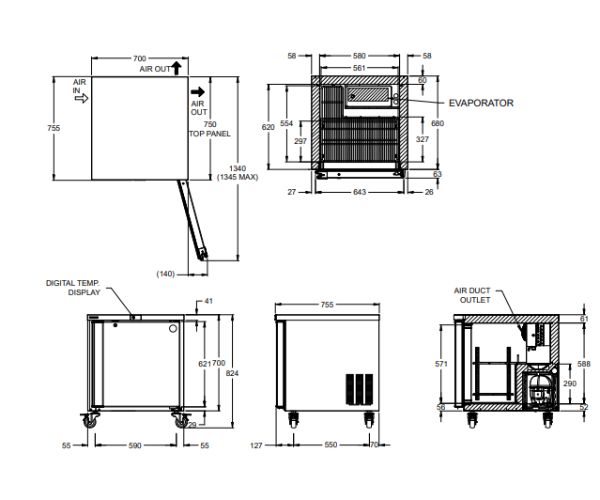 Bản vẽ kích thước của Bàn mát Hoshizaki RTWH70LS4