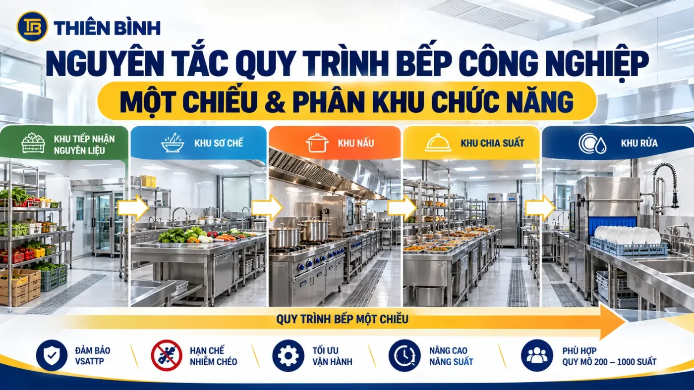 Nguyên tắc quy trình bếp công nghiệp một chiều & phân khu chức năng